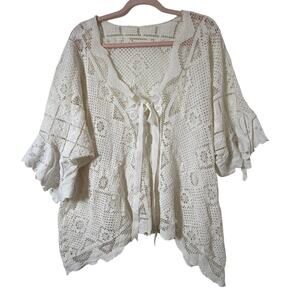 One Size Vtg Handmade Crochet Cardigan White Open Front Lace Boho Beach Festival